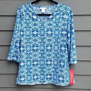 NWT Rebecca Malone Blue/White 3/4 Sleeve Top Size Small